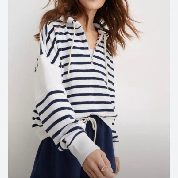 Aerie Restart Quarter Zip Hoodie Large Striped Soft Coastal Navy - Picture 1 of 5